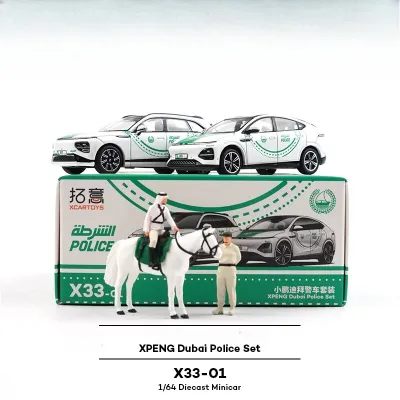 Xcartoys 1/64 Xpeng Dubai Police Set G6 G9 2pcs Car Model with Mini Figure & White Horse